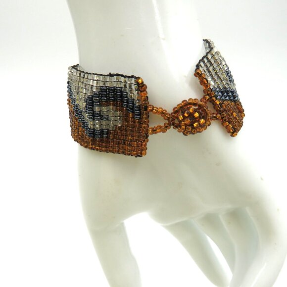 Handmade Beaded Cuff Bracelet Seed Bead Wave Pattern Amber Silver Black Boho - Picture 10 of 10